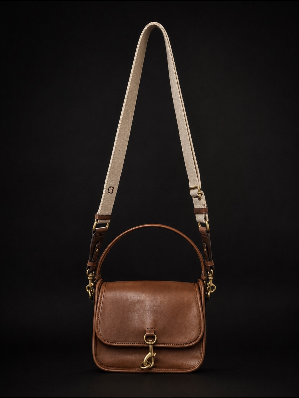 Zara Tan Brown Leather Crossbody Saddle Bag with Canvas Strap